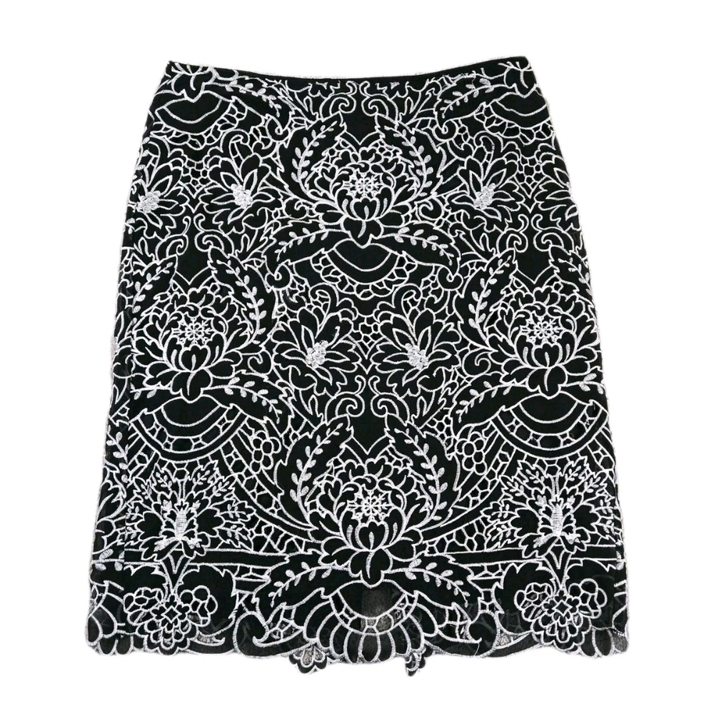 ICE Silk Midi Skirt Sz 10 Black White Embroidered Lace Sheer Career Corp Money